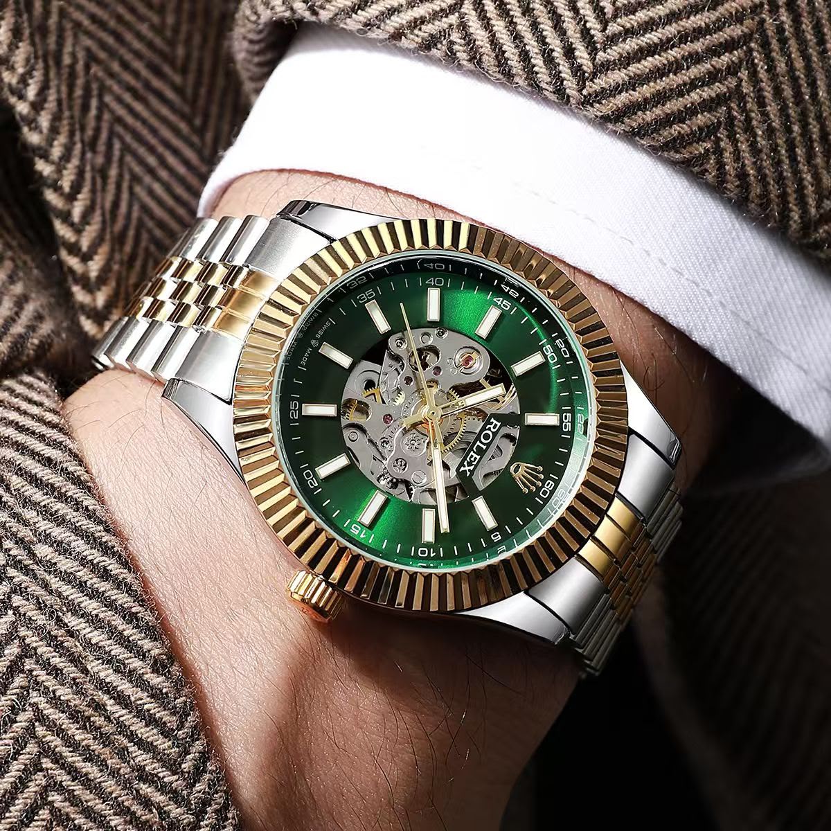 Rolex Automatic Skeleton Two Tone Stainless Steel Watch
