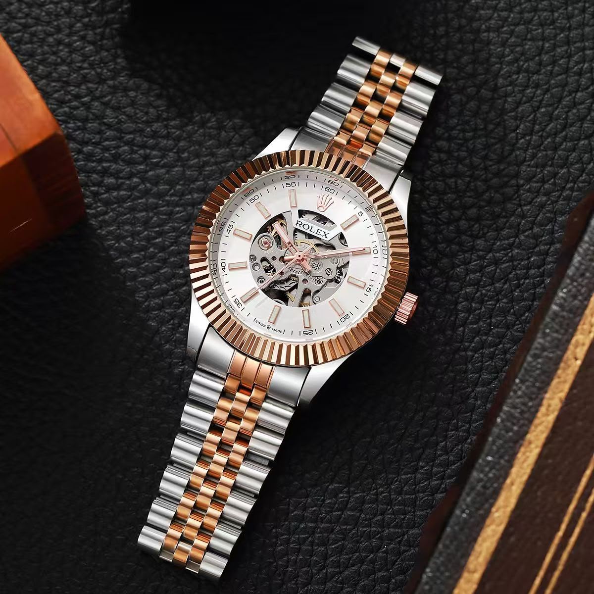 Rolex Automatic Skeleton Two Tone Stainless Steel Watch