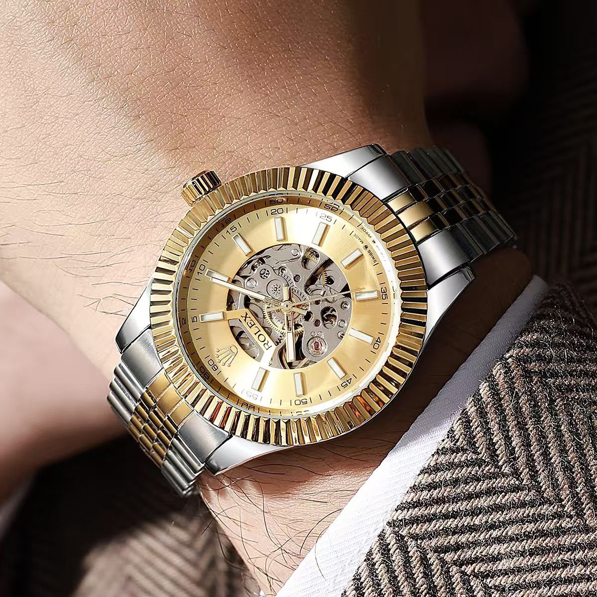 Rolex Automatic Skeleton Two Tone Stainless Steel Watch