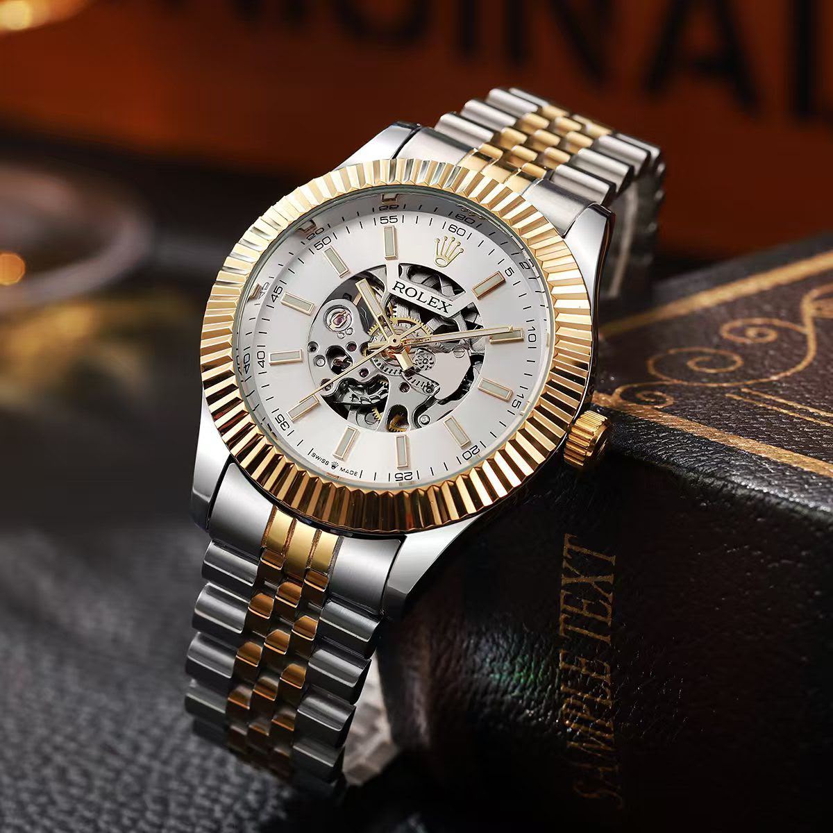 Rolex Automatic Skeleton Two Tone Stainless Steel Watch